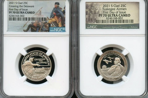 2021 S Clad Quarter Set Crossing Delaware, Tuskegee F.D.O.I. NGC PF70 UC Park Cover