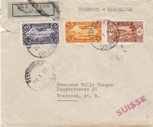 LEBANON  (S870) 1937 cover st. air mail BEYROUTH - MARSEILLE  to SWITZERLAND - Picture 1 of 2