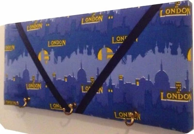London fabric, box framed, Memo/Pin/message/key hanger  Board with key hooks - Image 1 of 2