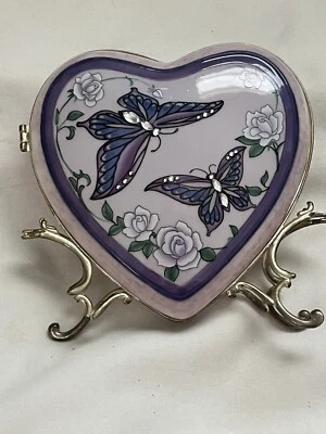Avon Butterflies Porcelain Purple Heart w/Rhinestones. Roses inside - Image 1 of 4