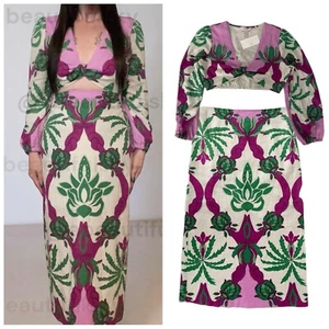 SET Caroline Constas Leinenmischung Langarm kurzes Oberteil & Midi-Rock Palm Tropical - Bild 1 von 17