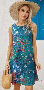 Summer T-Shirt Dress for Women Sleeveless Beach Bohemian Floral Sundress Tuni... - Picture 1 of 5