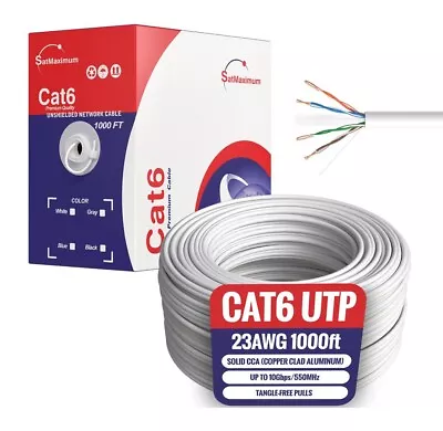 CAT6 1000FT White UTP Ethernet Cable Solid 23AWG Network LAN Bulk Wire Pull Box - Image 1 of 4