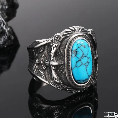 Anillo de piedra turquesa águila motociclista grande para hombre de acero inoxidable talla 7-15 Foto 1 de 4
