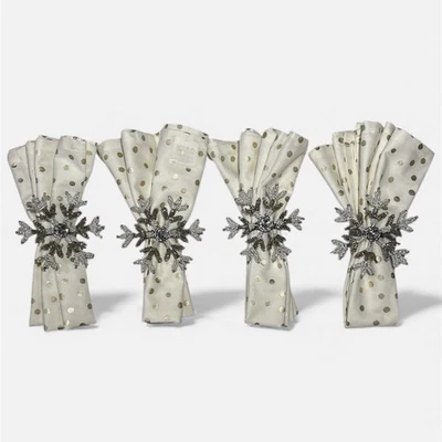 Set of 4 Ivory Gold Cloth Napkins with Beaded Snowflake Rings - Image 1 of 4
