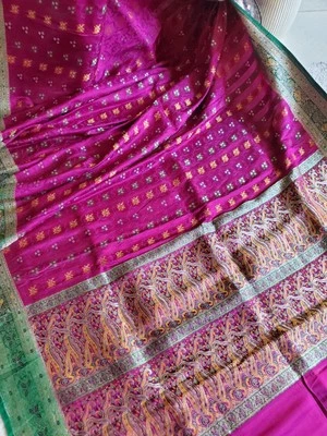 Mujeres Pura Satén Seda Diseñador Telar Jamevar Sari Festivo Boda Fiesta  Foto 1 de 4