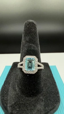 1.25ct Aquamarine & .25ct Diamond Ring VS2 H Sterling Silver Halo Size 7 - Image 1 of 4