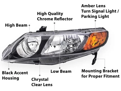 Fits 2006 2007 2008 Honda Civic 4-Door Sedan Head Light Driver Side 33151SNAA02 - Image 1 of 4