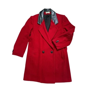 Vintage Fashions By Jill Women's Red Black Trench Coat 100% Wool Leather Collar - Picture 1 of 10