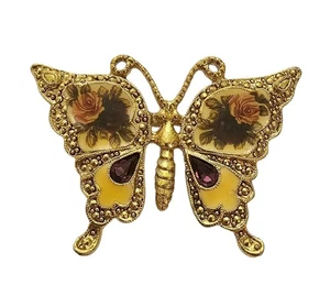 1928 Brand Purple Rhinestone Butterfly Rose Flower Pin, Victorian Theme - Picture 1 of 8
