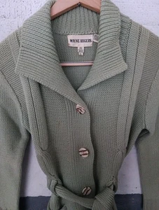 Wayne Rogers Strickjacke Pullover Wolle Damen L türkis grün Gürtel   - Bild 1 von 12