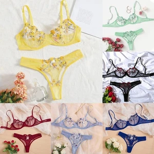 Light Purple Lace Embroidery Push Up Bra Sets Women See Through Underwear - Picture 1 of 24