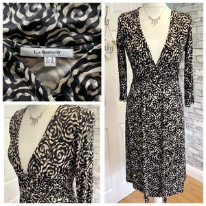 LK Bennet Wrap Dress Size 14 Silk Midi Black Beige Stretch Formal Business VGC - Picture 1 of 16