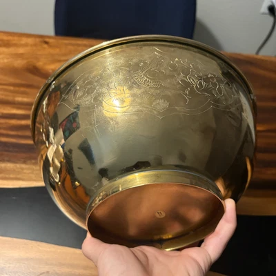 Hong Kong 10” X 4.5” Brass Bowl Engraved Fish Or Birds Flowers Vintage - Image 1 of 4