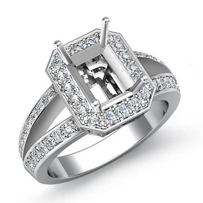 Halo Emerald Semi Mount Split Shank Diamond Engagement Ring 14k White Gold 0.6Ct - Image 1 of 4