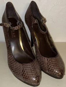 LAUREN RALPH LAUREN Strappy Brown Snakeskin Embossed Heels Gold Buckle Size 6B - Picture 1 of 11