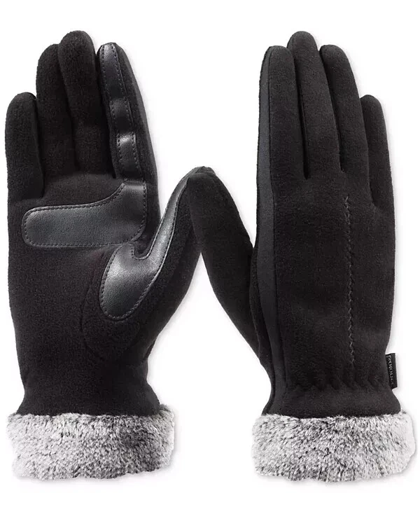 isotoner Smart DRI Lined Stretch Fleece Gloves Faux Fur Cuff Black 1 Size
