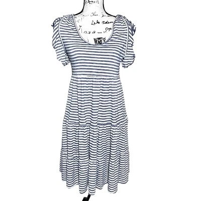 NUEVO CON ETIQUETAS MAX STUDIO Vestido Azul Marino a Rayas Manga Mediana Acampanada Náutico Costero Preppy Foto 1 de 4