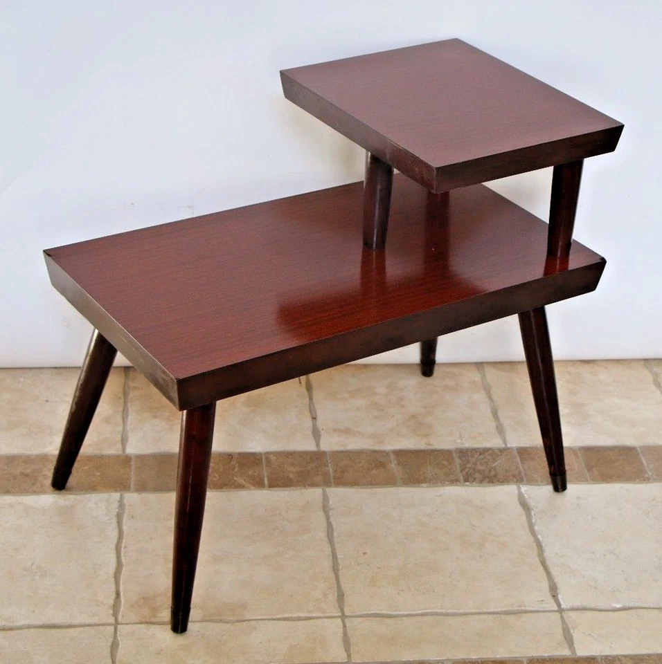 Atomic Era Mid Century Modern Brass Mahogany End Table two Tier Laminate Step  - Image 1 of 4