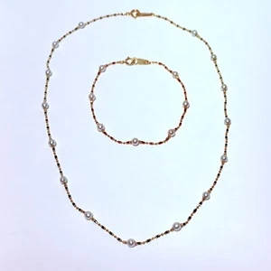 Juego de brazalete de oro amarillo de 18 quilates con barra y cuentas de estación de perlas de 15,5" de 6,75" 5,5 g - Imagen 1 de 7