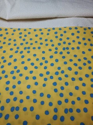 Vintage Sewing Fabric Med Blue Scatter Polka Dots On Yellow 20x45" Cotton 1/2y+ - Image 1 of 3