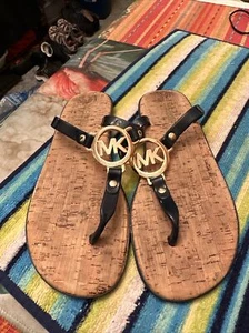 Michael Kors Women’s Blue Gold PVC Cork Logo Sandals Flip Flops Shoes Size 6 M - Picture 1 of 11