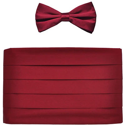 NEW in box men's formal 100% SILK Cummerbund, bowtie set solid BURGUNDY wedding  - Image 1 of 3