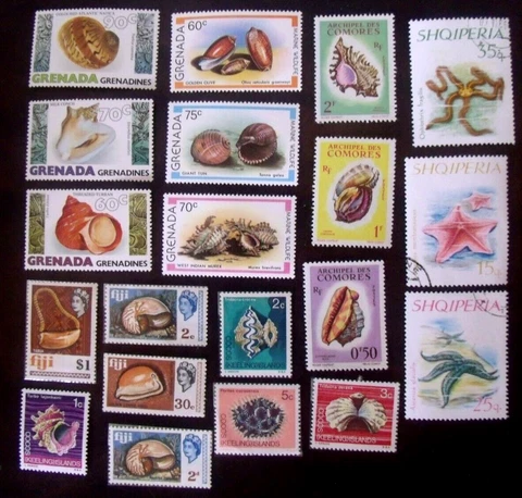 20 Marine life, Shells Stamps Lot#493    Fiji, Cocos, Albania, Grenada, Comores Cover