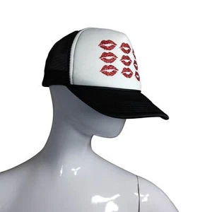 Kisses Trucker Hat Black and White with Red Glittery Lips Adjustable Back - Picture 1 of 8