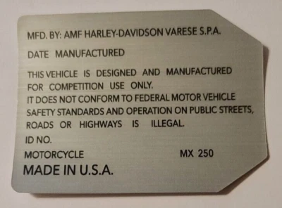 MX250 AMF Harley-Davidson MX Hecho en EE. UU. ID VIN Calcomanía para Marco con Tu Información Foto 1 de 2