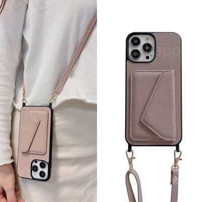 Lanyard Case With Card Wallet For iPhone 16 Pro Max 15 14 13 12 11 Leather Cover - Image 1 of 4