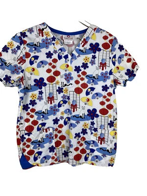 White Cross Scrub Top Size S Colorful Chinese Lantern Print Red Yellow Blue - Image 1 of 4