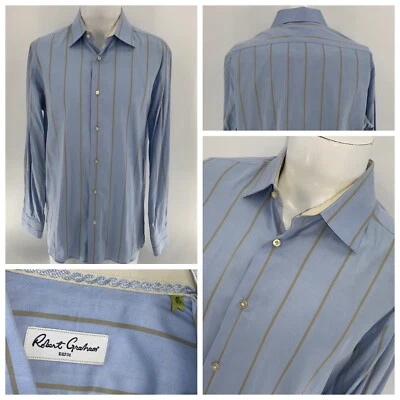 Camisa de vestir Robert Graham abotonada 16,5 35 azul tostado rayas algodón YGI N4-81 Foto 1 de 4