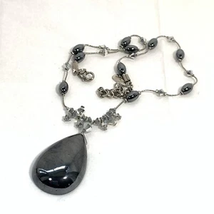 VTG DABBIE REID Hematite Teardrop Pendant Necklace Aurora Borealis CRYSTALS 18" - Picture 1 of 12