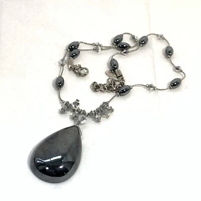 VTG DABBIE REID Hematite Teardrop Pendant Necklace Aurora Borealis CRYSTALS 18" - Image 1 of 4