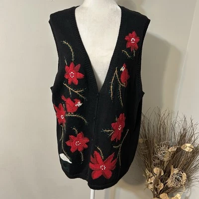 De Colección Capacidad Negro Suéter Navidad Chaleco Bordado Rojo Cardenales y Flores 2X Foto 1 de 4