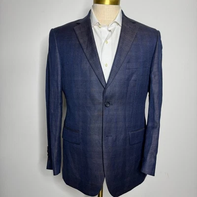 Pronto Uomo Platinum Men's Blue Plaid Linen Blend Blazer Size 40R - Image 1 of 4
