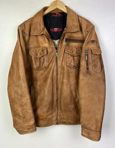 REAL LEATHER BIKER JACKET Cafe Racer Size Large 42" (EU 52) Men`s Brown Vtg - Picture 1 of 4
