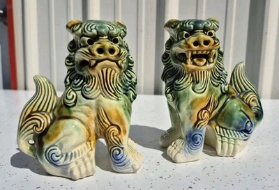 Vintage Chinese Porcelain Foo Dog Pair Statue  Green and Blue Glaze 5 1/2" - Image 1 of 4