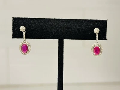 Ladies 14K White Gold Ruby and Diamond Stud Drop Earrings - Image 1 of 4