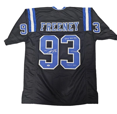 Camiseta Dwight Freeney autografada azul estilo profissional com HOF - Prova *Preta - Imagem 1 de 4