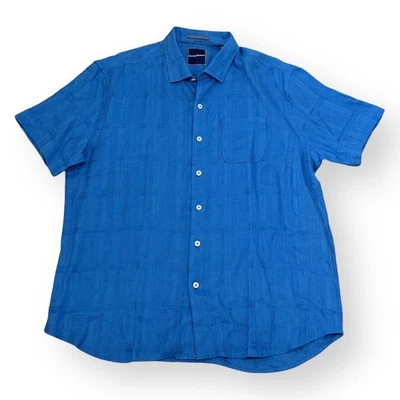 Camisa Tommy Bahama Para Hombre XL 100% Lino Manga Corta Botón Azul Sólido A Cuadros Foto 1 de 4