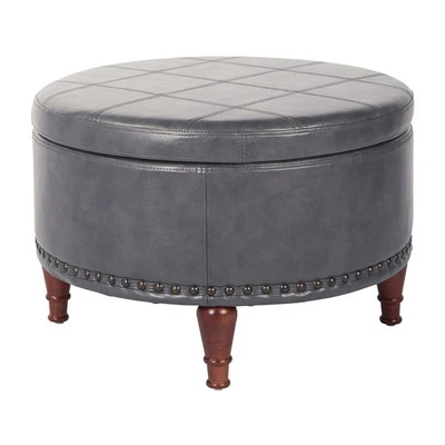 Alloway Storage Ottoman in Pewter Faux Leather with Antique Bronze Nailheads - Image 1 of 4