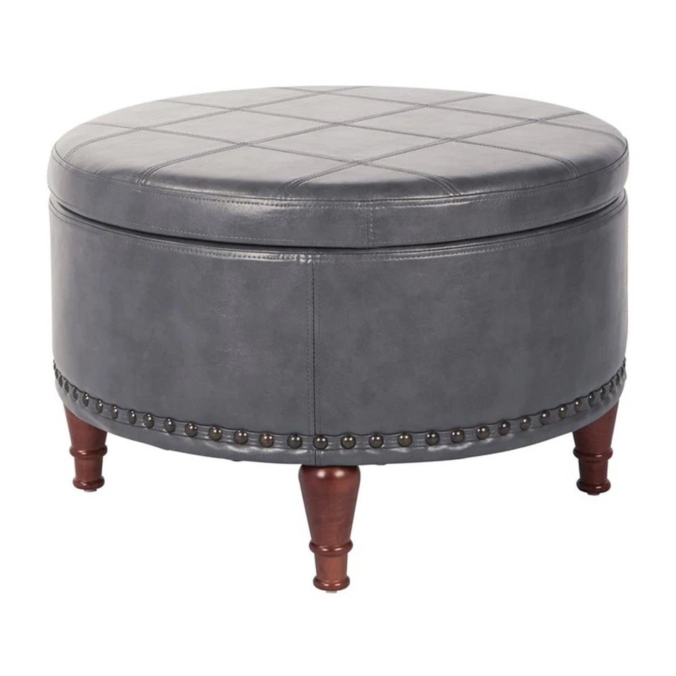 Alloway Storage Ottoman in Pewter Faux Leather with Antique Bronze Nailheads - Image 1 of 4