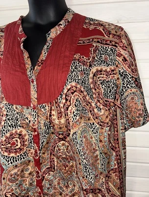 Liz & Me Sz PLUS 2X Red Pintucked S/S Tunic Top 100% Cotton Button Front EUC - Image 1 of 4