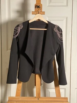 Blazer Statement Chaqueta de Hombro Negra con Cuentas Frente Abierto Hecha a Mano Talla S Foto 1 de 4
