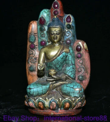 Antigua estatua de mano de Buda Shakyamuni templo gemas turquesa cobre tibetano de 6" Foto 1 de 4