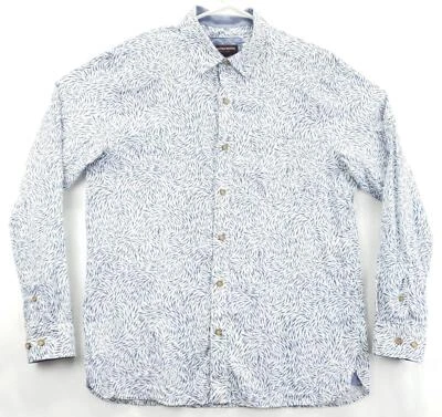 Johnston & Murphy Shirt Mens M Blue White Fish Print Linen Flip Cuffs Button-Up - Image 1 of 4