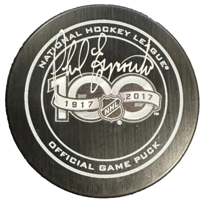 Phil Esposito Signed 2017 NHL 100th Anniversary Official Game Puck Bruins JSA - Изображение 1 из 2