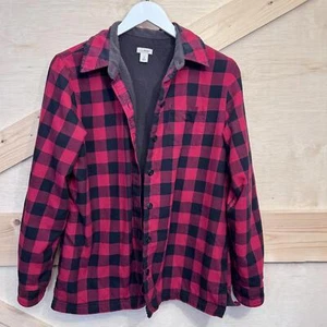LL Bean Women's Small Fleece Lined Flannel Shirt Jacket Shacket Plaid Red Black - Picture 1 of 13